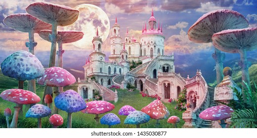 Fantastic Landscape With Mushrooms, Beautiful Old Castle And Moon.
Illustration To The Fairy Tale 