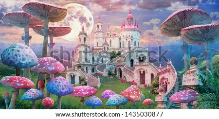 fantastic landscape with mushrooms, beautiful old castle and moon.
illustration to the fairy tale 