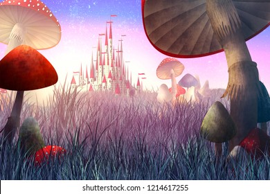 fantastic landscape with mushrooms and fog.
illustration to the fairy tale "Alice in Wonderland"