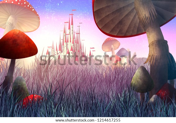 Illustrazione Stock A Tema Paesaggio Fantastico Con Funghi E Nebbia