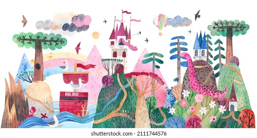 Fantastic landscape with sea, cute hills, mountains, beautiful old castle, big trees and animals. Watercolor illustration.