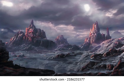 
Fantastic Landscape, Unknown Place, Space Rocks, Fog Enveloping The Scene, Dark Background, 3D.