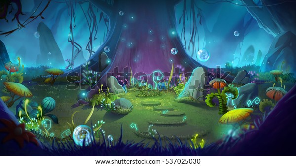 幻想的で魔法の森 ビデオゲームのデジタルcgアートワーク コンセプトイラスト リアルな漫画スタイルの背景 のイラスト素材