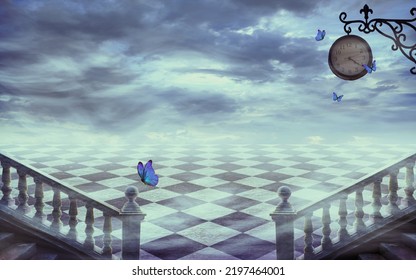 Fantastic Mystical Background With Endless Chessboard And Clock. Foggy Twilight In Wonderland