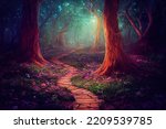 Fantastic night forest. Beauty of nature. Mystical fairy tale wonderland in evening. Fabulous garden with pathway. Brick way among trees and blooming flower carpet. Natural background under moonlight