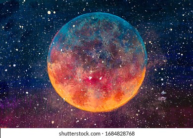 Fantastic oil painting beautiful big planet moon among stars in universe. Fantasy concept cosmos fine art paintingartwork for book illustration