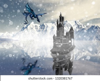fantastic plot, the dragon flies to the old royal castle in the north on a frozen lake in winter, against the backdrop of harsh mountains in the snow