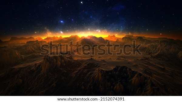Fantastic space landscape view from surface of\
planet. Martian surface of planet, fantasy sharp rocks and\
mountains. Magical starry sky, stars of the planet and galaxies in\
sky. 3D render