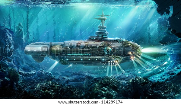 海中の幻想的な潜水艦 コンセプトアート のイラスト素材