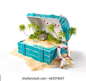 Fantastic Tropical Island With Bungalow And Deck Chairs In Opened Wooden Box On A Pile Of Sand. Unusual Creative 3d Summer Illustration Isolated At White