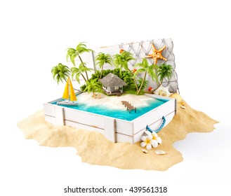 Fantastic Tropical Island With Bungalow In Opened Wooden Box On A Pile Of Sand. Unusual 3d Illustration Isolated On White. Tropical Island Concept Illustration