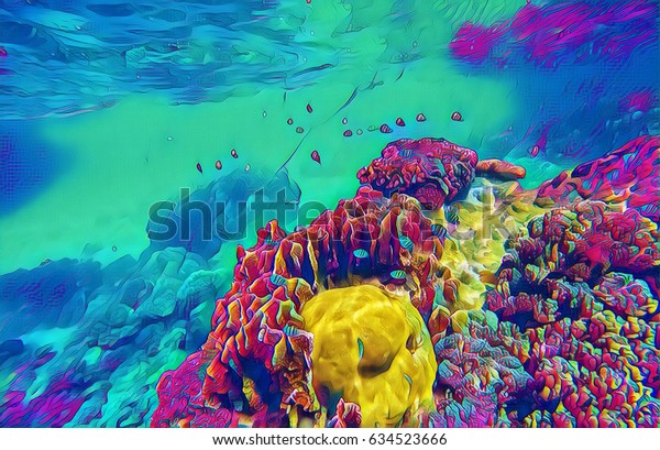 熱帯魚と珊瑚礁を持つ幻想的な水中風景 サンゴ礁の自然のデジタルイラスト 熱帯のラグーンのポスターテンプレート 珊瑚魚を使った珍しい水族館 海底サンゴ礁の生活 のイラスト素材