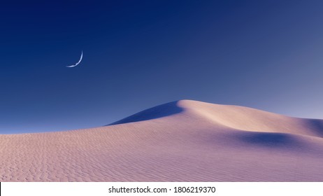 Fantastic Unreal Sandy Desert Landscape With Massive Sand Dunes And Half Moon In Clear Night Sky. With No People Minimalist Concept 3D Illustration From My 3D Rendering File.