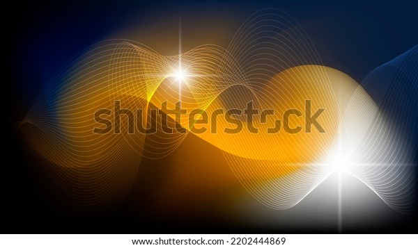Fantastic wallpaper in orange and blue tones. Intertwining wavy lines, glare, glow, flashes of light against the background of mixing colors. 