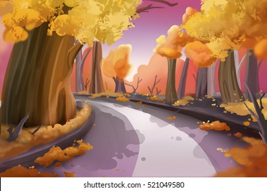 Fantastic Watercolor Style Painting: Forest Road. Video Game's Digital CG Artwork, Concept Illustration, Realistic Cartoon Style Background