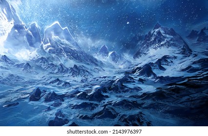 Fantastic Winter Epic Magical Landscape Of Mountains. Frozen Nature. Glacier In The Mountains. Mystic Valley. Artistic Oil Painting. Artwork Sketch. Gaming Background. Book Cover And Poster	