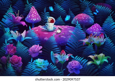 fantastic wonderland forest landscape with mushrooms and flowers.  Mad tea party.
illustration