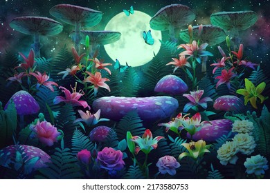 Fantastic Wonderland Forest Landscape With Mushrooms And Flowers. 
Illustration