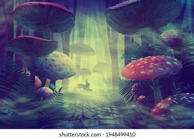 Fantastic Wonderland Forest Landscape With Road, Mushrooms, Ferns. White Rabbit Runs In The Fog Among The Trees.
Illustration