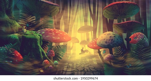 fantastic wonderland forest landscape with road, mushrooms, ferns. white rabbit runs in the fog among the trees.
illustration