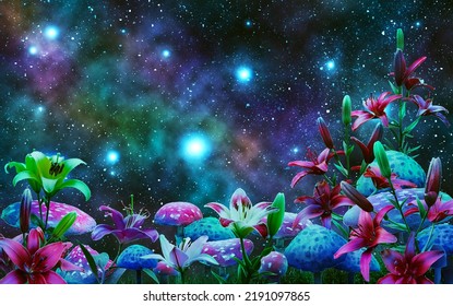 Fantastic Wonderland Landscape With Mushrooms, Beautiful  Lilies Flowers,  And Stars.