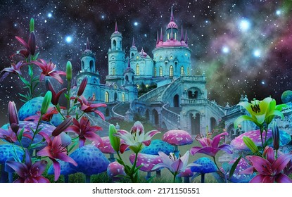 fantastic wonderland landscape with mushrooms, lilies flowers, beautiful old castle and stars.
illustration to the fairy tale "Alice in Wonderland"