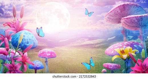magnífico paisaje de maravillosas tierras con hongos, flores de lirios, mariposas morfo y luna.
ilustración del cuento de hadas 