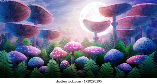 fantastic wonderland landscape and mushrooms   moon 
illustration 