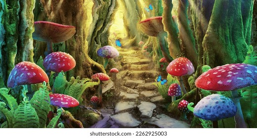 fantastic wonderland landscape and mushrooms  trees  morpho butterflies   road 
illustration to the fairy tale 