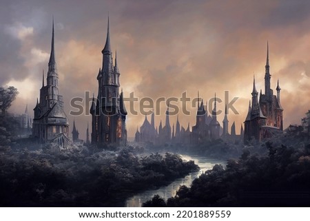Fantastical Fantasy Castles. Watercolor and digital illustration artwork. 