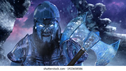 Fantasy 3d render illustration of ice viking demigod holding sharp axe made of ice on winter mountains background.