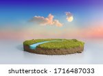 Fantasy 3D rendering circle podium grass field with river, surreal 3D Illustration round soil cutaway cross section isolated on purple sunset sky