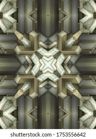 Fantasy Abstract Digital Illustration With 3d Rendering Impossible Architecture Shapes. Surreal Kaleidoscopic Design Element. Geometrical Composition