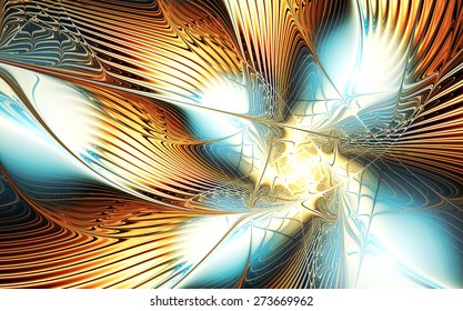 Fantasy Abstract Night Flower With Brilliant Effect. Sparkle Golden Fine Background For Creative Design. Artistic Shiny Decoration For Wallpaper Desktop, Poster, Cover Booklet, Flyer. Fractal Artwork