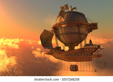 Fantasy Airship Zeppelin Dirigible Balloon 3D Illustration