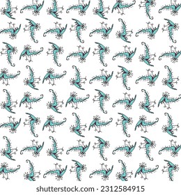 Fantasy alien bird drawing motif pattern