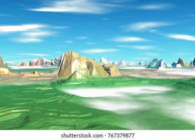Fantasy alien planet. Rocks and sky. 3D illustration 