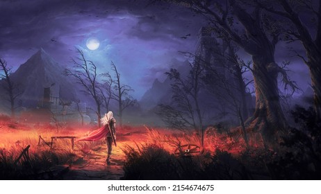 Fantasy Alone Warrior Guy Walk Away Digital Art 3D Illustration Landscape Wallpaper