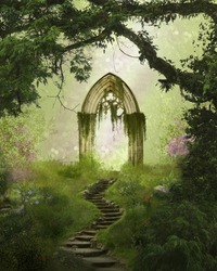 Fantasy Antique Gate And Stair In A Beautiful Forest