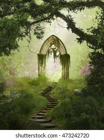 Fantasy Antique Gate And Stair In A Beautiful Forest