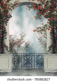 Fantasy Arch With A Balcony And Colorful Rose Vines. 3D Illustration.