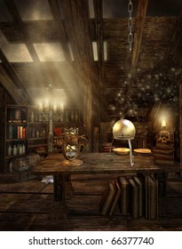 Fantasy Attic Room With Magic Objects