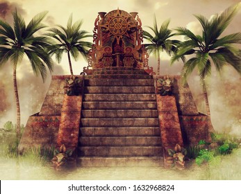 Fantasy Aztec Temple With Stairs And Palm Trees In A Foggy Landscape. 3D Illustration.