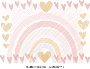 Fantasy background with clouds on a rainbow sky. Magic landscape, abstract fairy tale wallpaper with rainbow and hearts and sparkles. Arched realistic spectrum.
