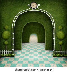 Fantasy Background green maze with an arch and tree