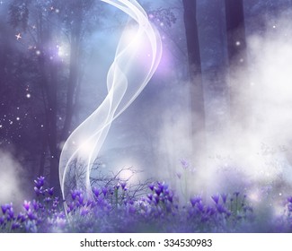 A fantasy background with purple flowers and magic effects.