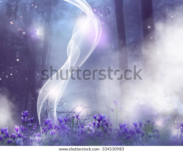 紫の花と魔法の効果を持つファンタジー背景 のイラスト素材