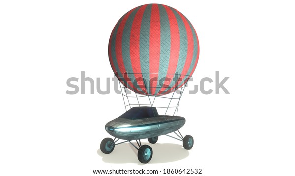 Fantasy balloon flying spaceship. Flying\
car. On white background. 3d artwork. Fantasy stories and Science\
fiction. Sci-fi\
illustration.