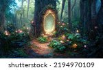 Fantasy beautiful landscape with magic portal in mystic fairy tale forest. Cartoon style fairy door to the parallel world or kingdom. 3D illustration.