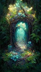 Fantasy Beautiful Landscape With Magic Portal In Mystic Fairy Tale Forest. Cartoon Style Fairy Door To The Parallel World Or Kingdom. 3D Illustration.
